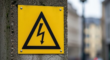 Bright yellow caution sign with black triangle warning symbol indicating electrical hazard