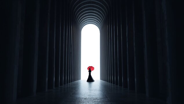 A woman in a dark dress stands in a long, arched hallway, holding a red umbrella.