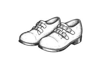Vintage sketch of classic leather buckle shoes in black and white - stock vector