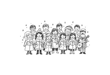 Hand-drawn multiracial children’s choir singing christmas carols with a guitarist - stock vector