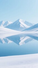 Snow-capped mountains reflected in a calm, icy lake under a clear blue sky