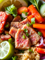 Closeup on hawaiian tuna poke bowl with vegetables