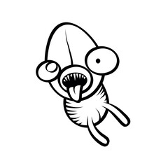 A cartoonish monster with bulging eyes and a protruding tongue in black and white line art style design
