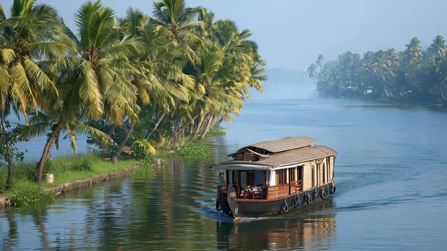 Kerala Backwaters Houseboat Cruise: Serene Canal View with Palm Trees, Alleppey, India, Tropical Travel Destination, Peaceful Vacation
