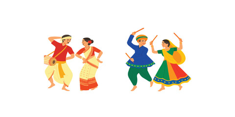 Print  Flat design colorful vector illustrations of Bihu and Garba dance forms &ndash; dancers in traditional attire.