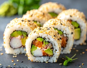 Fresh sushi rolls on a dark surface
