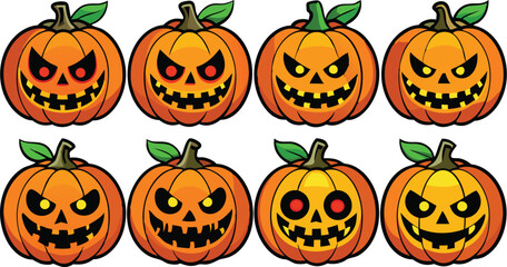 Scary Halloween pumpkin vector illustration with bold cartoon jack-o’-lantern faces and creepy red eyes