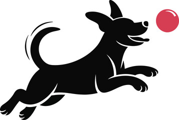 Obraz premium Playful Pup Silhouette Illustration Chasing Red Ball Vector Design on Transparent Backdrop, Energetic Black Dog Illustration for Graphic Projects