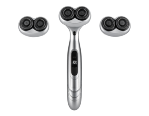 Modern Electric Razor with Triple Rotary Blades, Front View, isolated on transparent background.