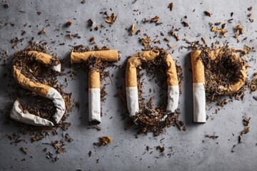 Stop smoking message formed by damaged cigarettes on a textured surface, encouraging quitting habits
