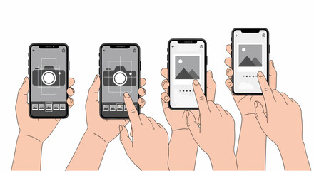 Vector illustration of hands holding smartphones showing the mobile photography and gallery viewing process.