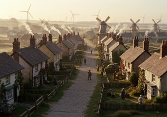 Fototapeta premium A picturesque village street lined with traditional English cottages, with chimneys emitting smoke, 