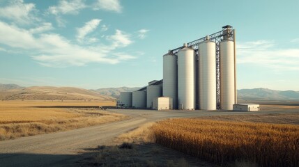 Large agricultural silos rise against a scenic backdrop of fields, mountains, and a blue sky
