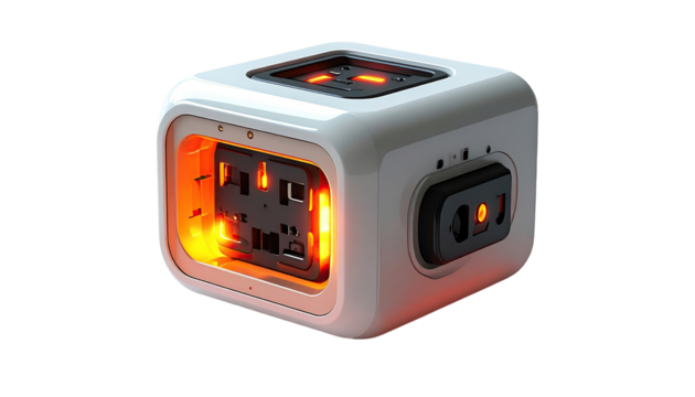 White cube device with glowing interior