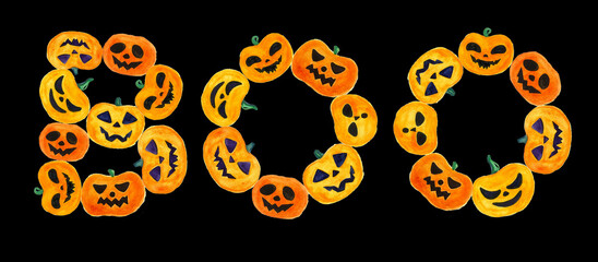 The word Boo made of Jack o lantern pumpkins. Isolated on a black background. Pumpkins of different shapes with different faces. Painted with watercolors. Shades of orange, yellow, black, purple.