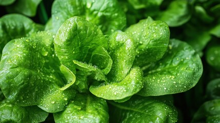 Lush, close-up view of vibrant green lettuce with water droplets, showcasing natural freshness