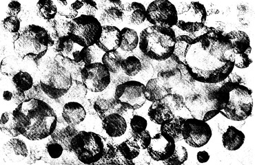 Watercolor abstract background with monochrome round stains. Light and airy pattern resembling bubbles, created by hand. Different shades of black, gray textured color. White gaps.