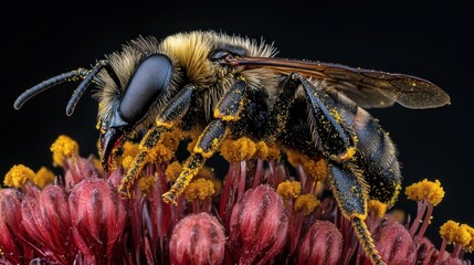 Macro close-up of a bee, covered in pollen, perched on a flower, with a black background