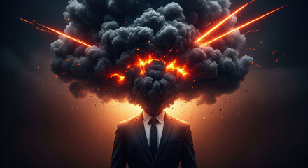 Man in a suit with his head as a massive explosion of smoke and fire. Concept of anger, failure, or a destructive idea.