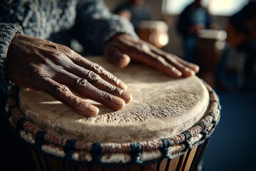 Close-up of hands playing a djembe drum during a percussion session