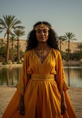 A young woman with yellow dress in desert oasis