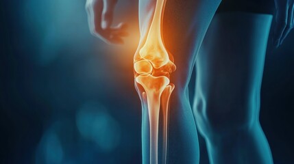 Medical illustration of a glowing knee joint and surrounding anatomy, with blue and orange hues