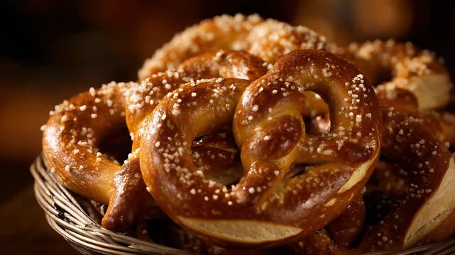 Freshly Baked Soft Pretzels Sprinkled with Salt in a Wicker Basket, Close-Up Food Photography, Traditional German Snack