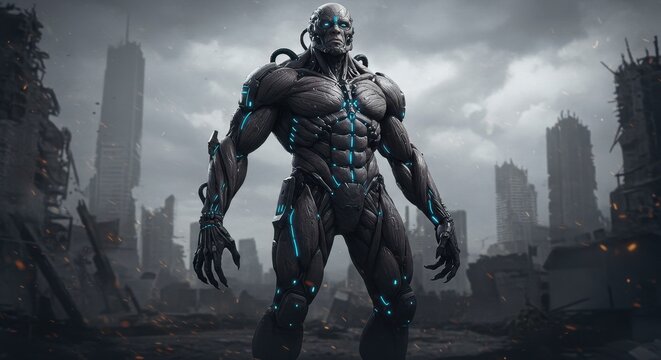 A muscular, cyborg-like figure stands prominently in the foreground, its body adorned with blue, glowing circuitry.