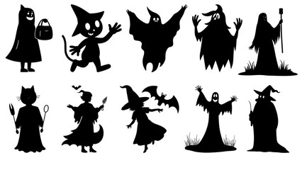 Silhouette Halloween Characters Set – Witches, Ghosts, Monsters, Magic Creatures in Vector Art Style