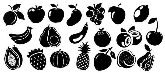 Black Fruit Silhouette Vector Set Collection of Fresh Fruits Icons Isolated