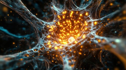 Microscopic view of a neuron structure, glowing core with outer network and radiant particles