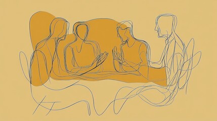 Minimalist line drawing of four figures in discussion with soft orange-yellow backdrop