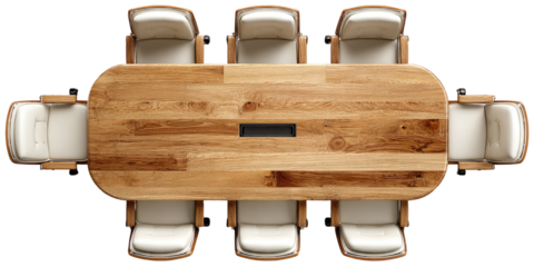 Oval wooden conference table with cream chairs