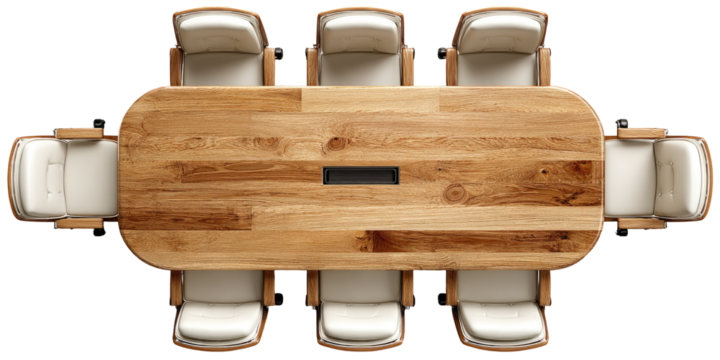 Oval wooden conference table with cream chairs