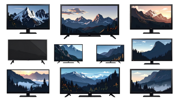 Flat-screen televisions displaying mountain landscapes
