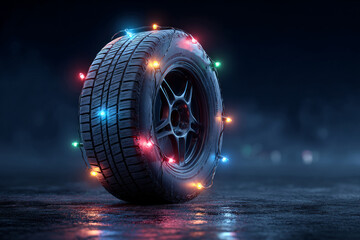 Car winter tire wrapped in colorful christmas lights is standing on dark wet asphalt at night