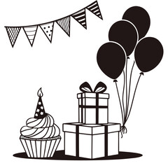 birthday card with gift box and balloons