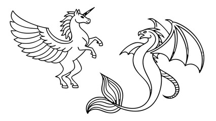 Minimal Line Art Mystical Creatures Icon Set – Dragon, Phoenix, Unicorn, Pegasus, Griffin, Fantasy Sticker Pack in Elegant One-Line Style for Luxury Branding and Tattoos