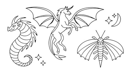 Minimal Line Art Mystical Creatures Icon Set – Dragon, Phoenix, Unicorn, Pegasus, Griffin, Fantasy Sticker Pack in Elegant One-Line Style for Luxury Branding and Tattoos
