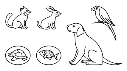 Minimal Line Art Domestic Pets Icon Set – 10 One-Line Animal Drawings Including Cat, Dog, Rabbit, Hamster, Goldfish and More, Elegant Vector Stickers for Branding & Design