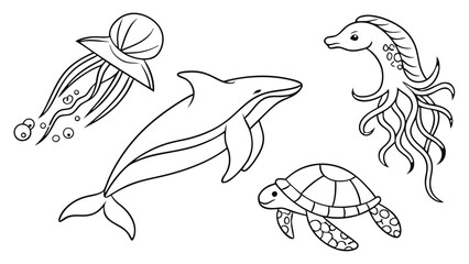 Ocean Life Minimal Line Art Sticker Set – Whale, Dolphin, Turtle, Octopus and Seahorse, One-Line Continuous Drawing Vector Icons for Luxury Branding, Tattoos and Decor