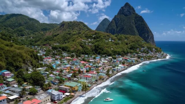 Downtown Soufriere Saint Lucia showcases vibrant coastal homes and the iconic Pitons against a stunning blue sky and ocean