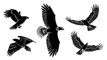 American Wilderness Animal Silhouette Set – Bison, Eagle, Bear, Wolf, and Mountain Goat Black Vector Icons for Outdoor Adventure, Logos, Stickers, and T-Shirt Designs