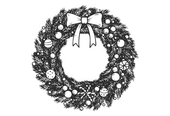 Festive christmas wreath with bow and ornaments in black and white illustration - stock vector