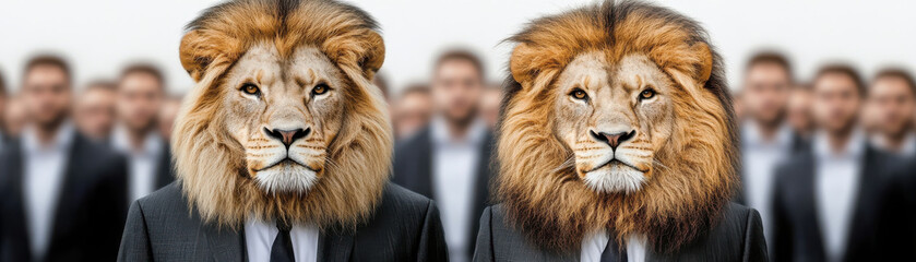 Two lions with majestic manes wearing business suits stand confidently among blurred men in formal attire, symbolizing leadership and power