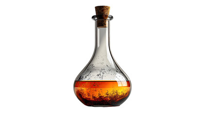 A glass flask filled with amber liquid and a cork stopper