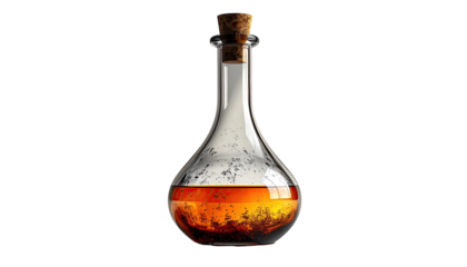 A glass flask filled with amber liquid and a cork stopper
