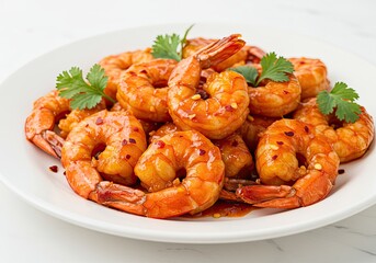 Spicy Sriracha Shrimp on White Background 