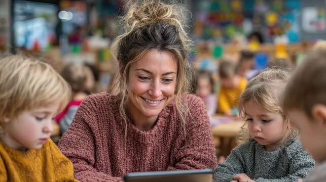 Woman educator uses tablet with children at circle time in a preschool classroom - Powered by Adobe