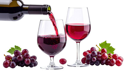 Red wine being poured into two glasses, with grapes